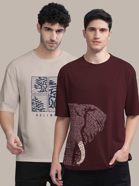 Bullmer Maroon & Beige Cotton Oversized Fit Printed T-Shirt - Pack Of 2-picture-47