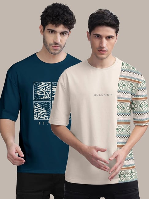 Bullmer Beige & Petrol Blue Cotton Oversized Fit Printed T-Shirt - Pack Of 2-picture-27