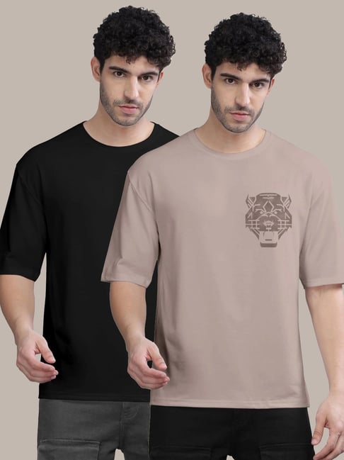 Bullmer Lavender & Black Cotton Oversized Fit Printed T-Shirt - Pack Of 2-picture-25
