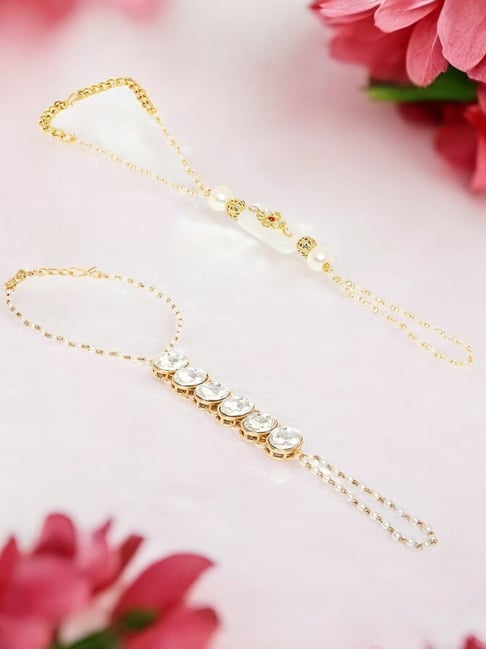 OOMPH Gold Tone Kundan & Pearls Floral Ethnic Hathphool Bracelet Pack of 2-picture-29