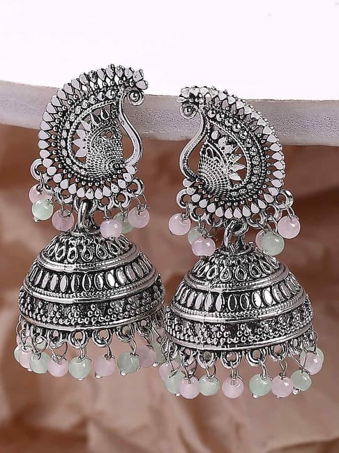 Buy OOMPH Oxidised Silver Green and Pink Beads Jhumki Earrings