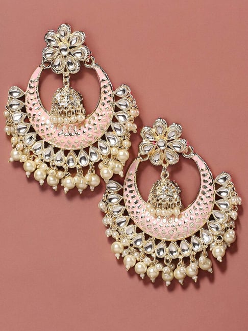 OOMPH Pink Meenakari and Kundan Pearls Floral Large Ethnic Chand Bali Earring-picture-12