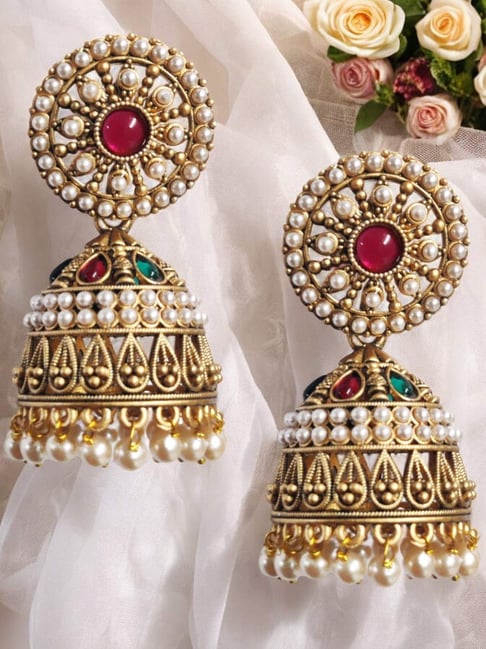 OOMPH Gold Jadau Maroon and Green Stones and Pearls Jhumki Earrings