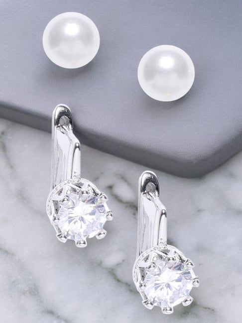 Silver Stud Earrings Pack OOMPH White Pearl And Silver Round Cubic