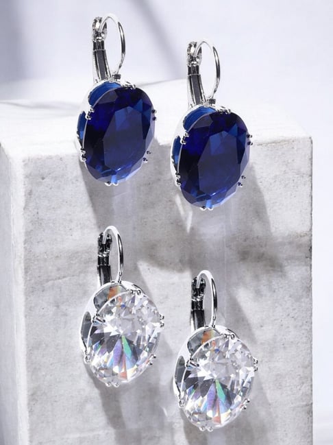 OOMPH Silver Tone Large Oval Blue and White Cubic Zirconia Drop Earrings Pack of 2