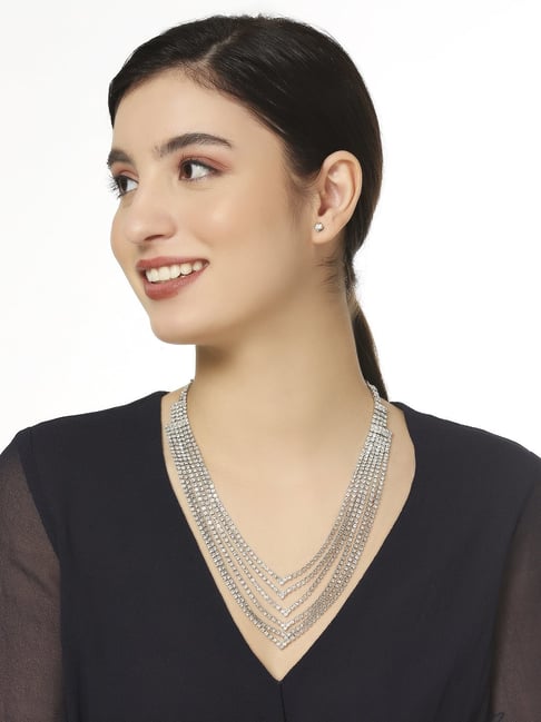 Buy OOMPH Silver Crystal Cubic Zirconia Multi Layer Necklace Set