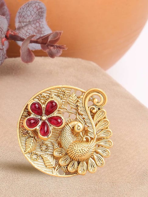 OOMPH Gold Ethnic Matte Antique Gold Plating Peacock Design Finger Ring