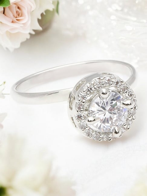 OOMPH Silver Tone Solitaire American Diamond Adjustable Finger Ring