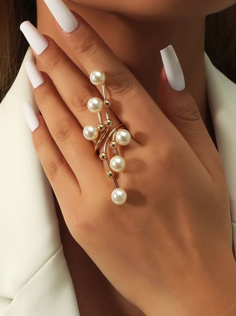 OOMPH Gold Tone Big Branch Pearls Statement Adjustable Finger Ring