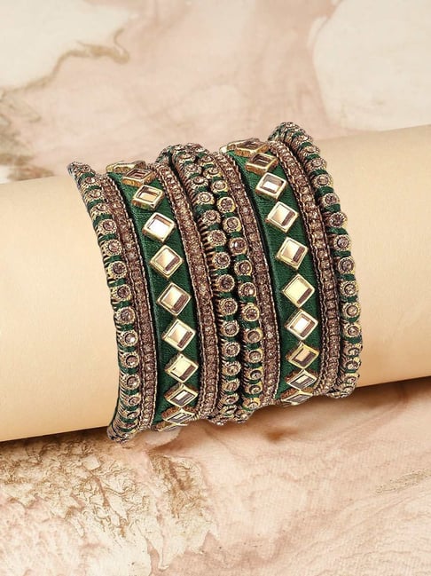 Buy OOMPH Green Silk Thread Kundan Bangle Set Pack of 18 Online At