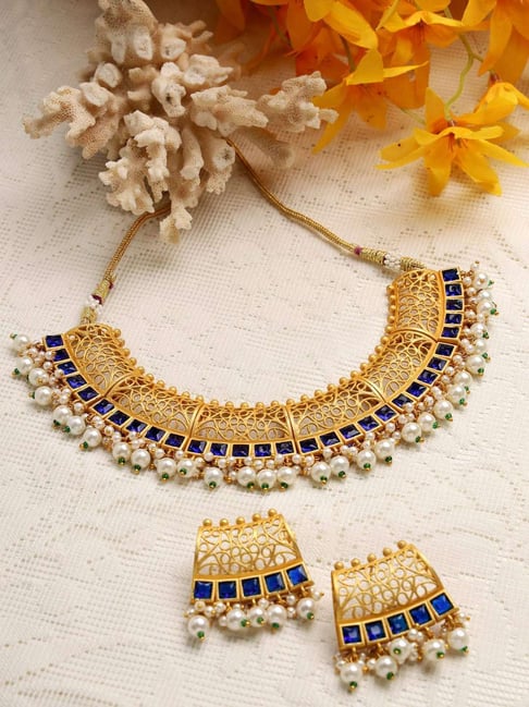 Moedbuille Handcrafted Filigree Work Blue Stones & Pearls Studded Gold Plated Tassel Necklace Set