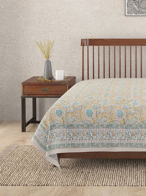 Fabindia Home Beige & Blue Cotton 118 TC Ihania Printed Single Bed Cover