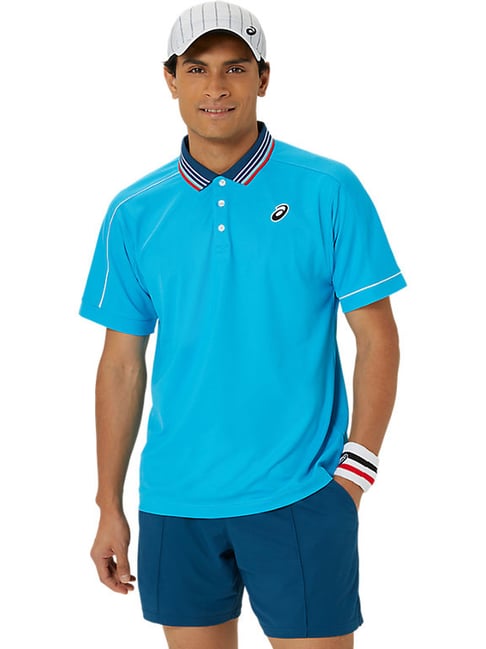asics aqua blue regular fit logo printed sports polo