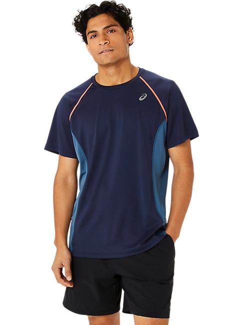 asics navy regular fit colour block sports t-shirt