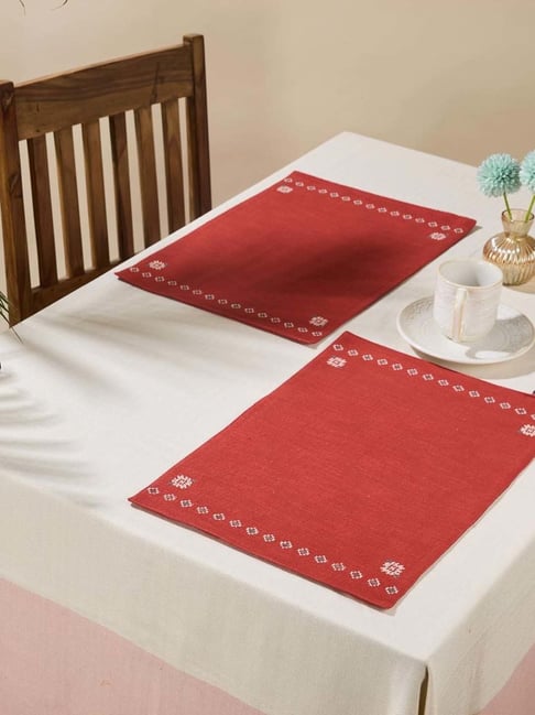 Fabindia Home Red Cotton Blend 260 GSM Embroidered Ahava Table Mat - Set of 6