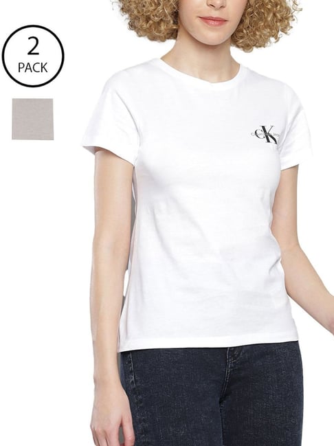 CALVIN KLEIN Sepia Rose & Bright White Cotton Printed T-Shirt