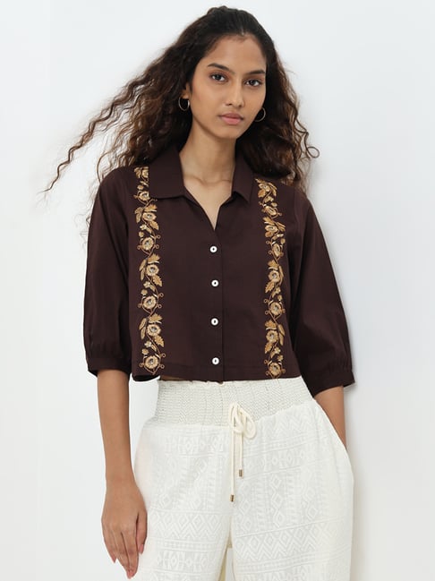 Bombay Paisley by Westside Dark Brown Floral Embroidered Cotton Shirt