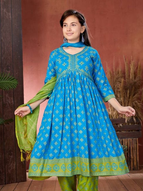 Aarika Girls Blue Green Printed Kurti