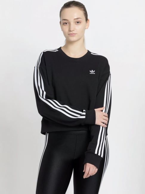 Adidas Originals Black Cotton Striped Sweatshirt-image-23