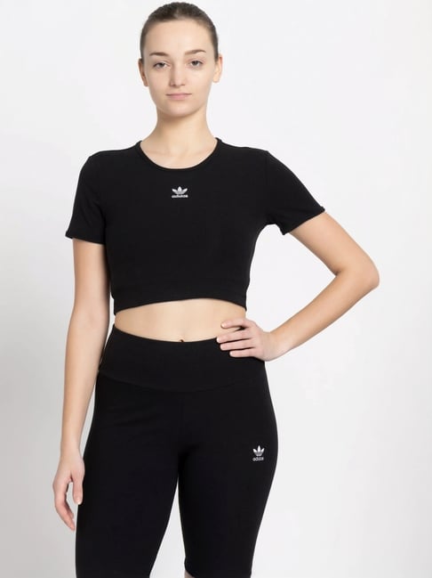 Adidas Originals Black Plain Sports Cropped T-Shirt-picture-20