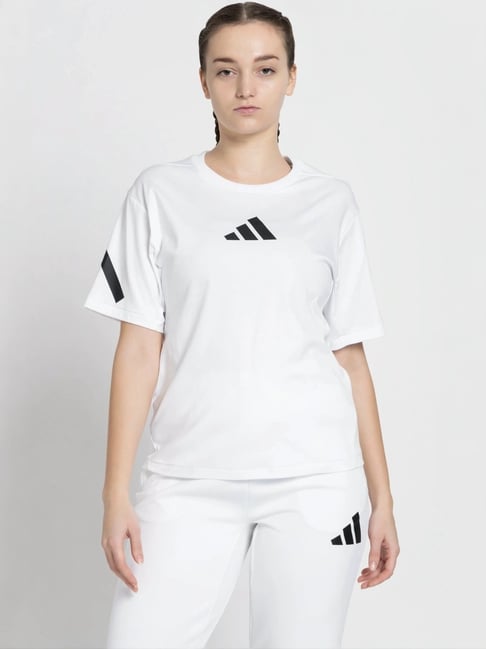 adidas White Cotton Printed Sports T-Shirt