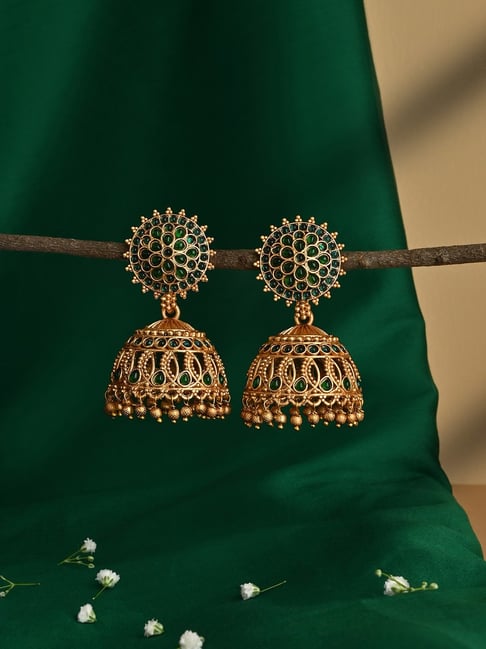 Buy Fida Green and Gold Plated Temple Jhumki Earrings Online At