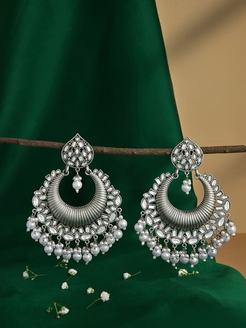 Buy Fida Silver Plated White Pearls Chand Bali Earrings Online At