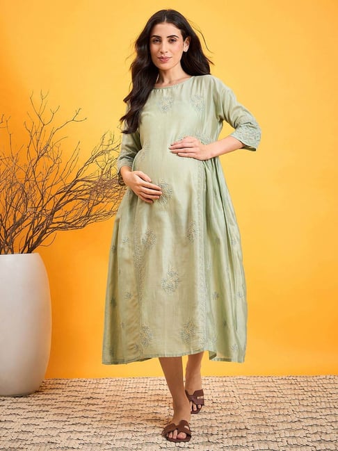 The Kaftan Company Green Cotton Embroidered Maternity Dress