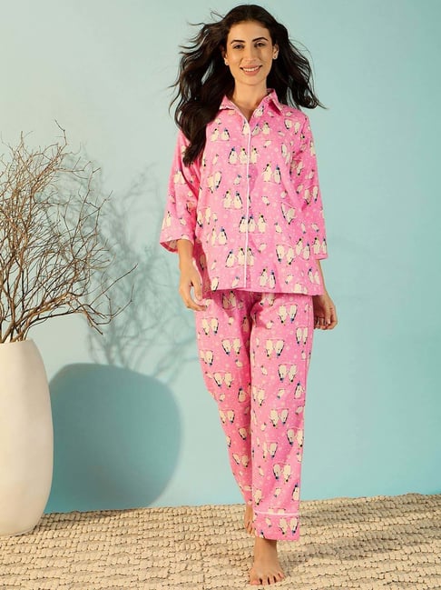 Pink Womens Pyjamas With Buttons Women's Brushed Cotton Pyjamas