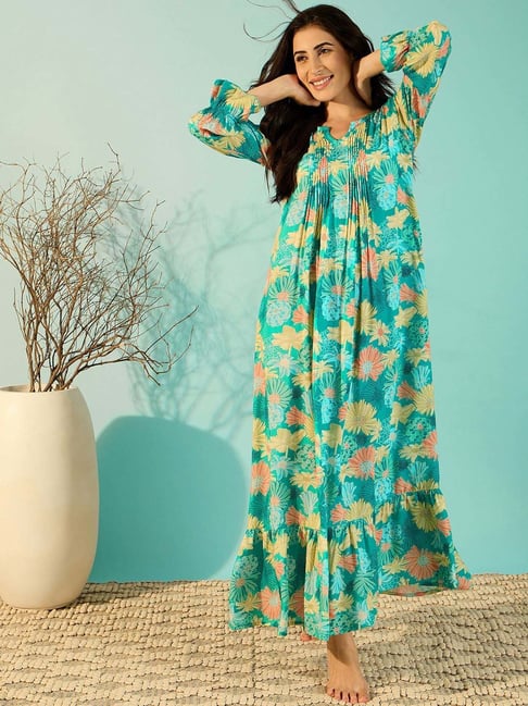 The Kaftan Company Blue Printed Nighty