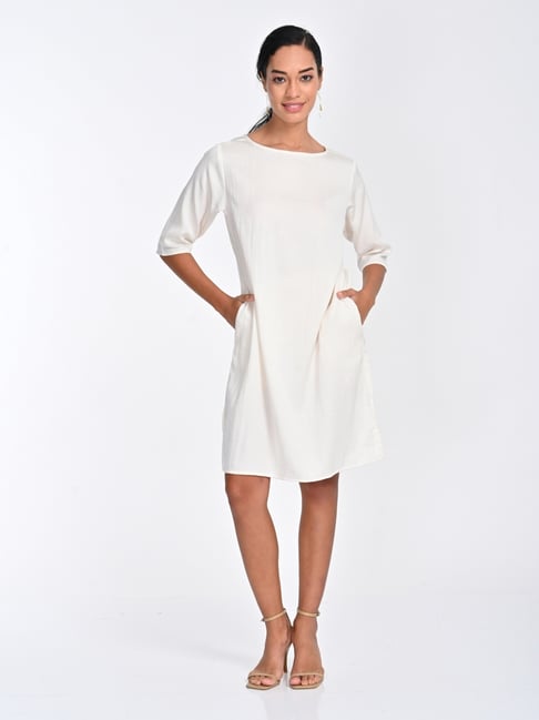 Saltpetre Women Tencel Solid Cream Boat Neck Dress