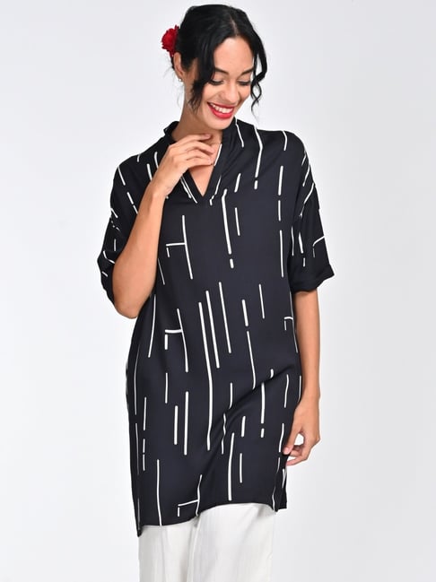 Saltpetre Women Modal Black Cedar Printed Mandarin Collar Dress