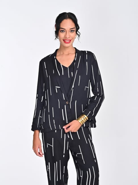 Saltpetre Women Modal Cedar Print Black Shawl Collar Blazer-picture-46