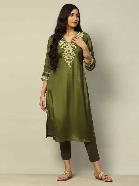 Rangriti Olive Embroidered Straight Kurta-picture-31