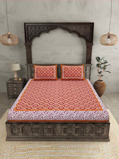 JaipurFabric Orange 100% Pure Cotton 120 TC Double Bedsheet with 2 Pillow Covers-picture-39