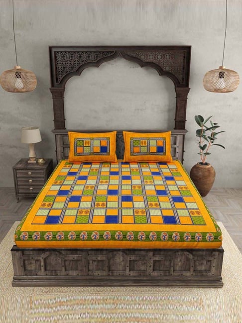 JaipurFabric Yellow 100% Pure Cotton 150 TC Double Bedsheet with 2 Pillow Covers-picture-14