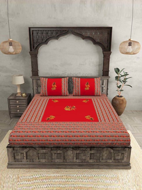 JaipurFabric Red 100% Pure Cotton 240 TC Double Bedsheet with 2 Pillow Covers-picture-34