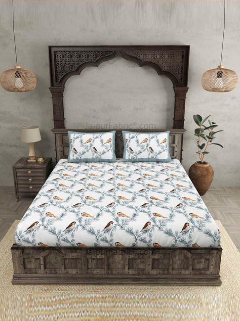 JaipurFabric Sky Blue & White 100% Pure Cotton 240 TC Double Bedsheet with 2 Pillow Covers-picture-36