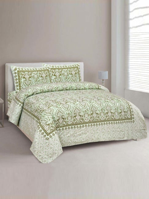 JaipurFabric Light Green Cotton 180 TC Double Bedsheet with 2 Pillow Covers-picture-42