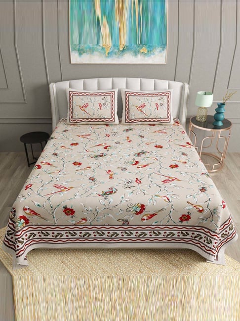 BELLA CASA Ethnic Collection Multicolor Cotton 180 TC King Bedsheet with 2 Pillow Covers