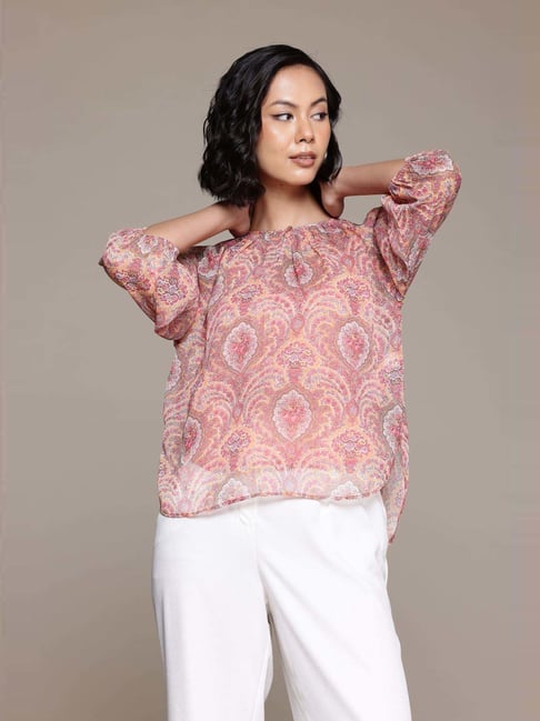 AARKE RITU KUMAR Peach Floral Print Top With Camisole