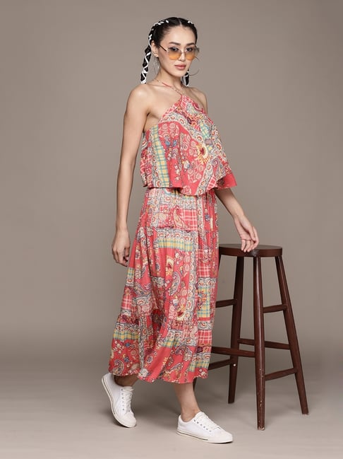 aarke Ritu Kumar Pink Printed Halter Neck Top With Skirt Co-Ord Set