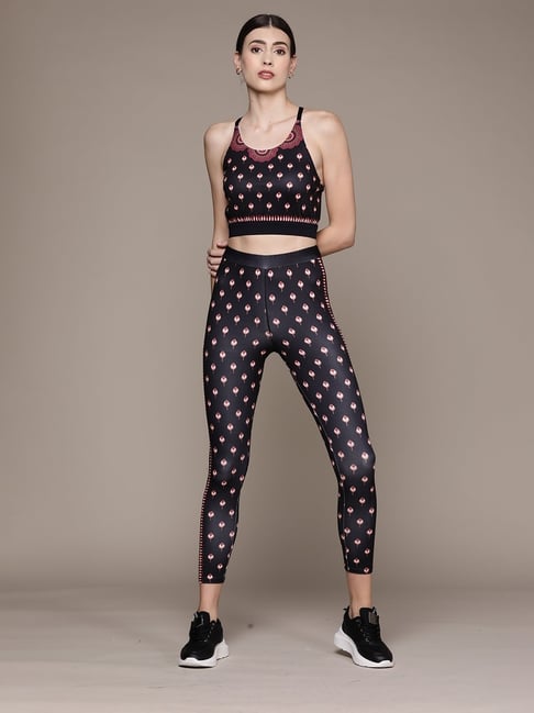 Label Ritu Kumar Black Printed Sports Bra And Tights Co-Ord Set-picture-19