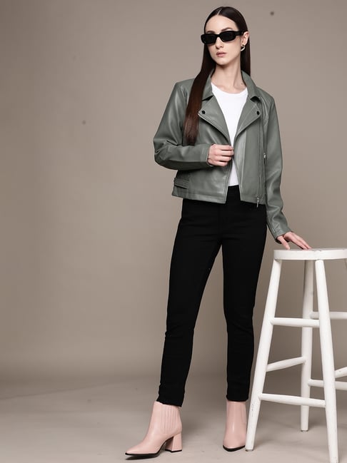 Label Ritu Kumar Sage Green Polyurethane Solid Biker Jacket-picture-29