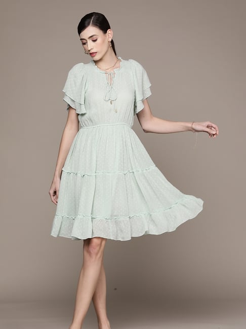 Label Ritu Kumar Mint Georgette Solid Fit & Flare Short Dress