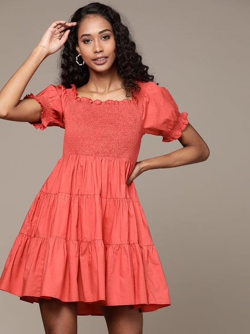 Label Ritu Kumar Brick Red Cotton Blend Solid Fit Flare Short Dress