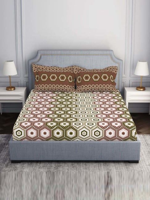 Spaces Atrium Ecom Brown 100% Cotton 144 TC Double Bedsheet with 2 Pillow Covers-picture-13