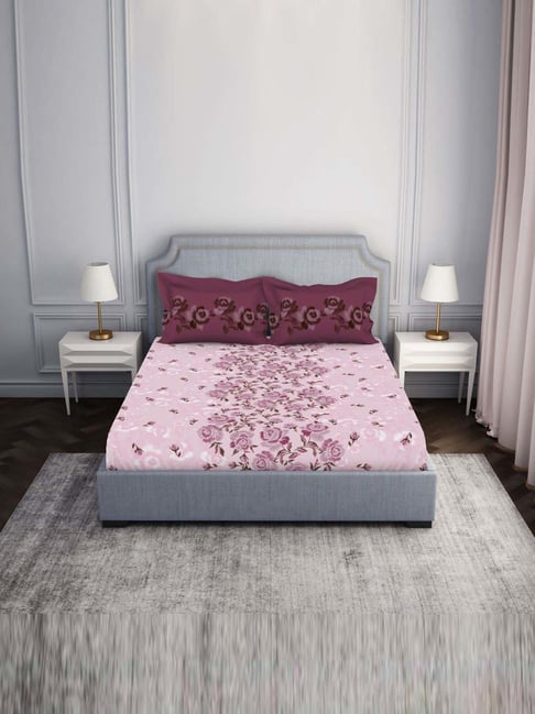 Spaces Atrium Pink 100% Cotton 144 TC Fitted King Bedsheet with 2 Pillow Covers-picture-31