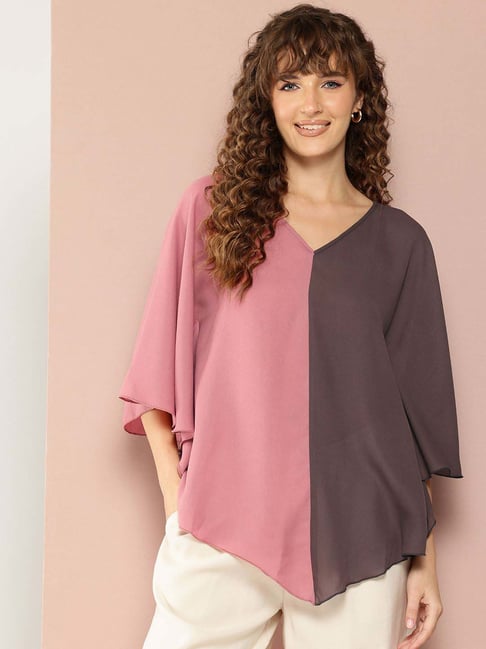 Qurvii Pink & Brown Color-Block Top