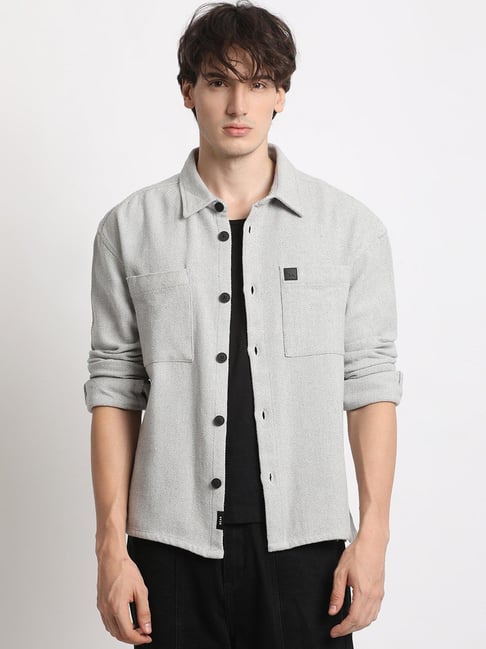 The Bear House Grey Cotton Relaxed Fit Self Pattern Shacket-picture-33